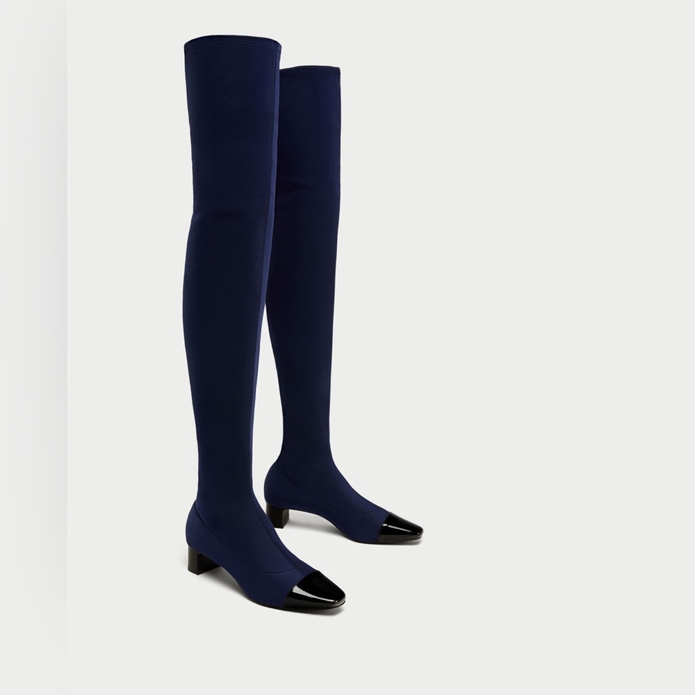 Zara Dark Blue Over-the-Knee Boots with Glossy Black Toe
